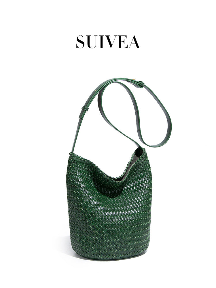 Women's Korean Style Simple Underarm Retro Trendy Woven Bucket Bags
