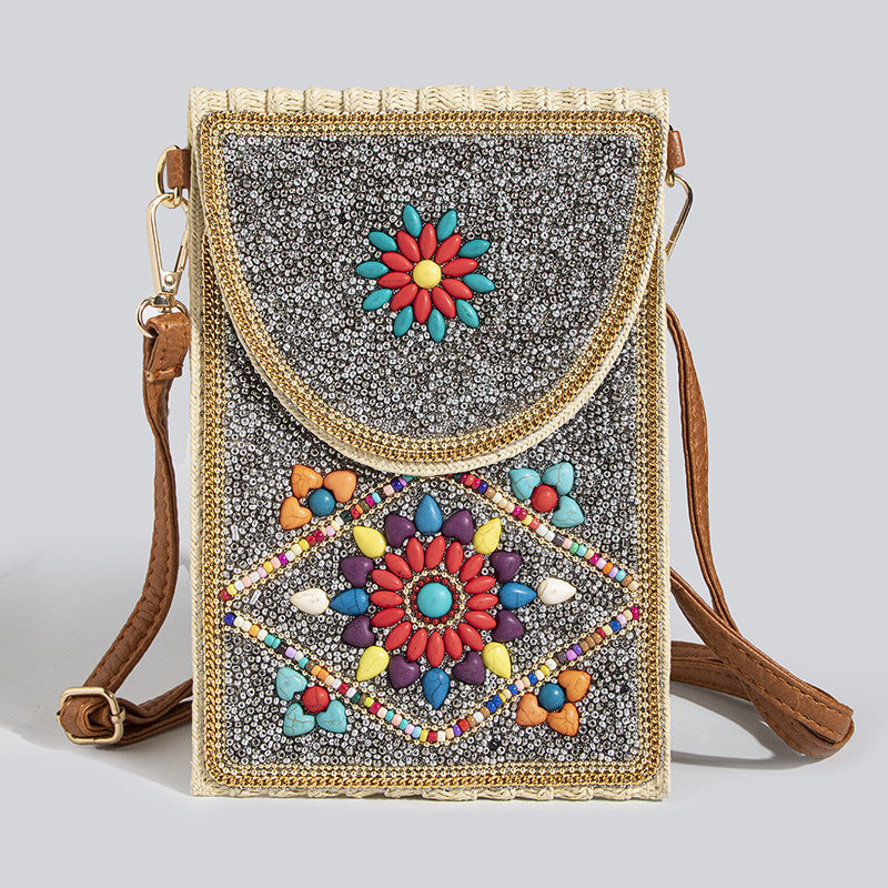 Women's Style Bead Turquoise Pattern Straw Woven Shoulder Bags