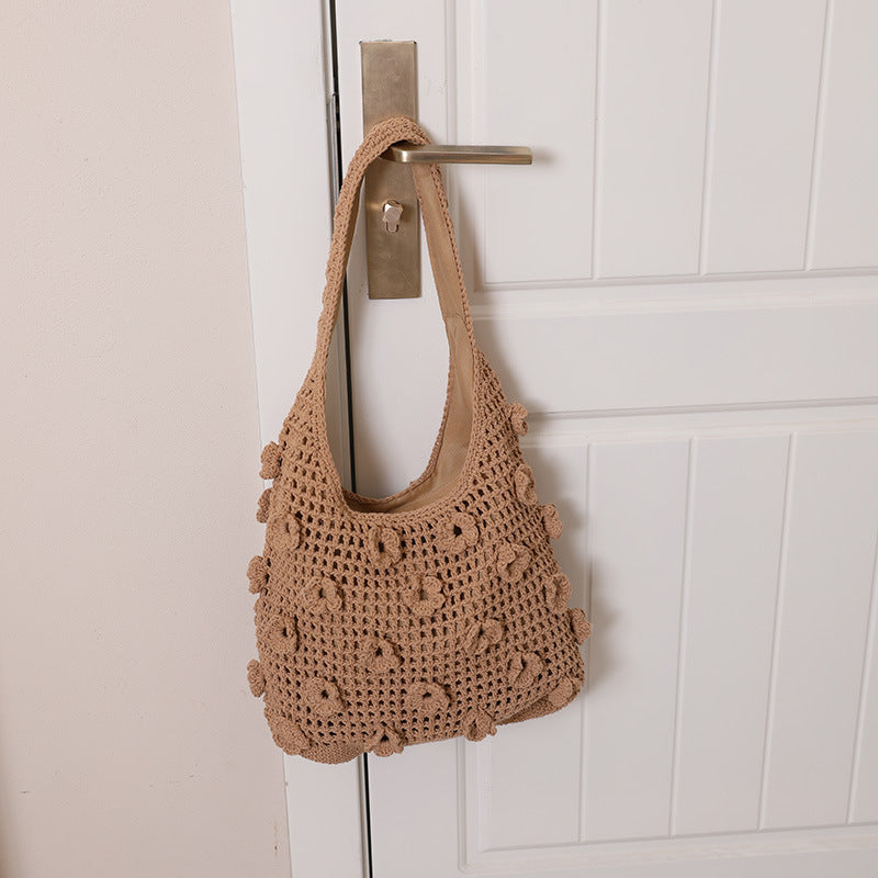 Fresh Three-dimensional Flower Cotton Thread Woven Hollow Women's Shoulder Bag