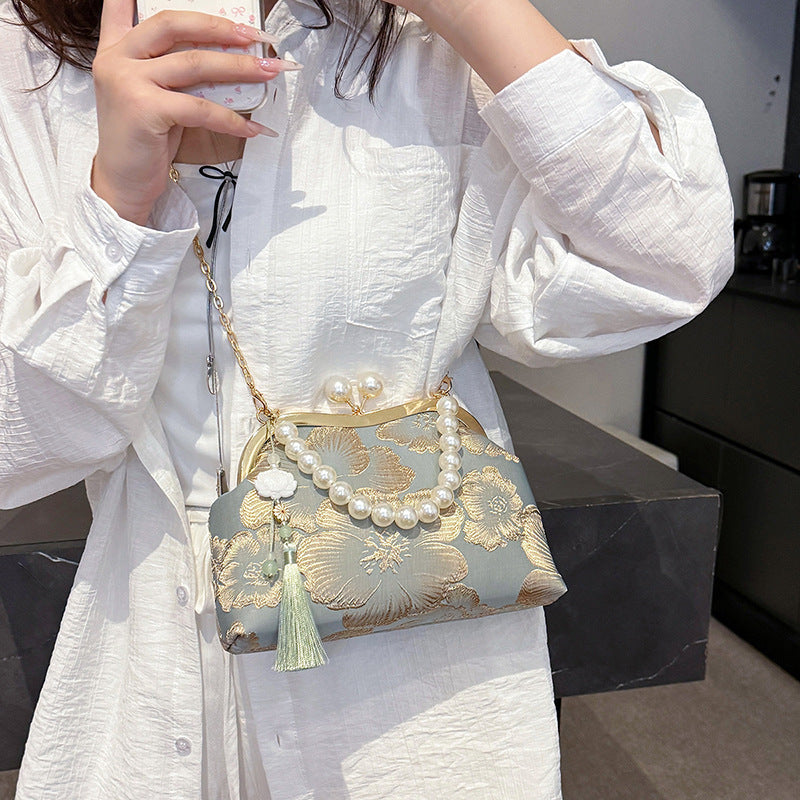 Women's Embroidered Flower Dinner Pearl Tassel Chain Small Square Bag