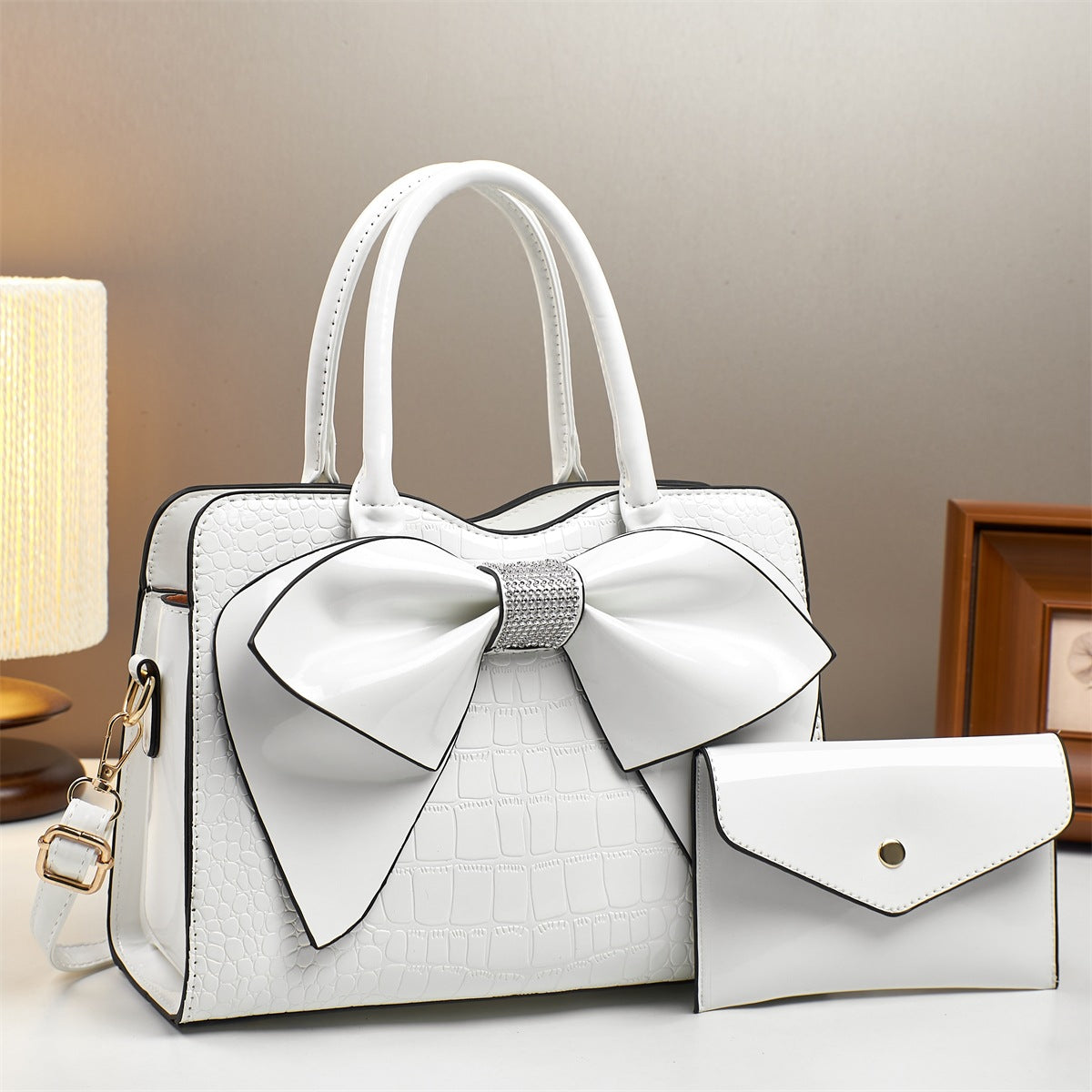 Fashion Crocodile Pattern Bow Patent Leather Bucket Bags