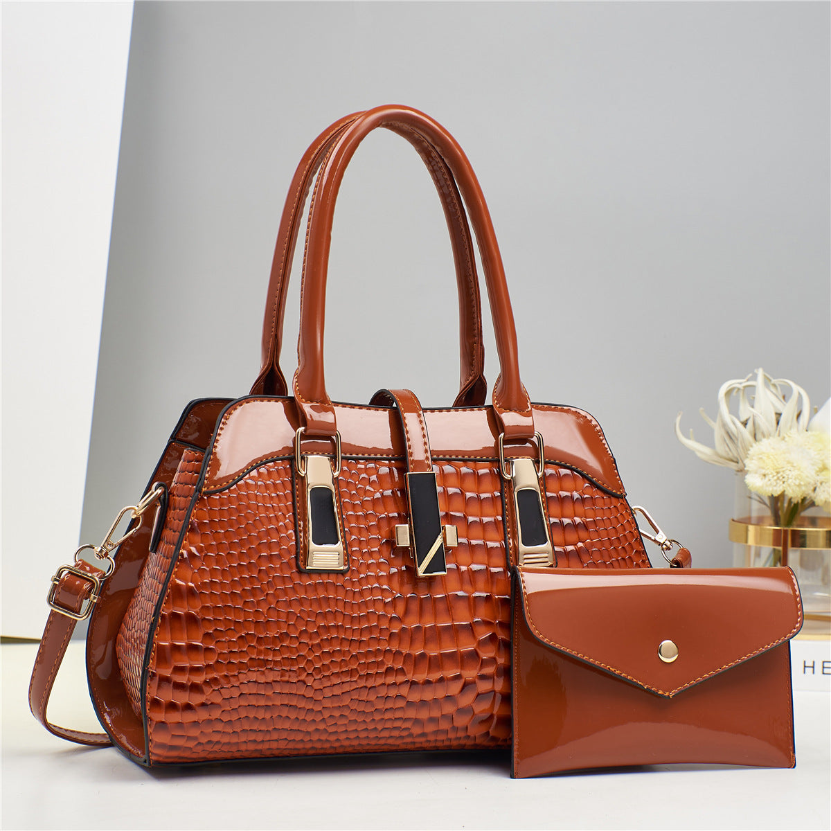 Women's Platinum Shining Leather Mother Crocodile Pattern Women's Handbag