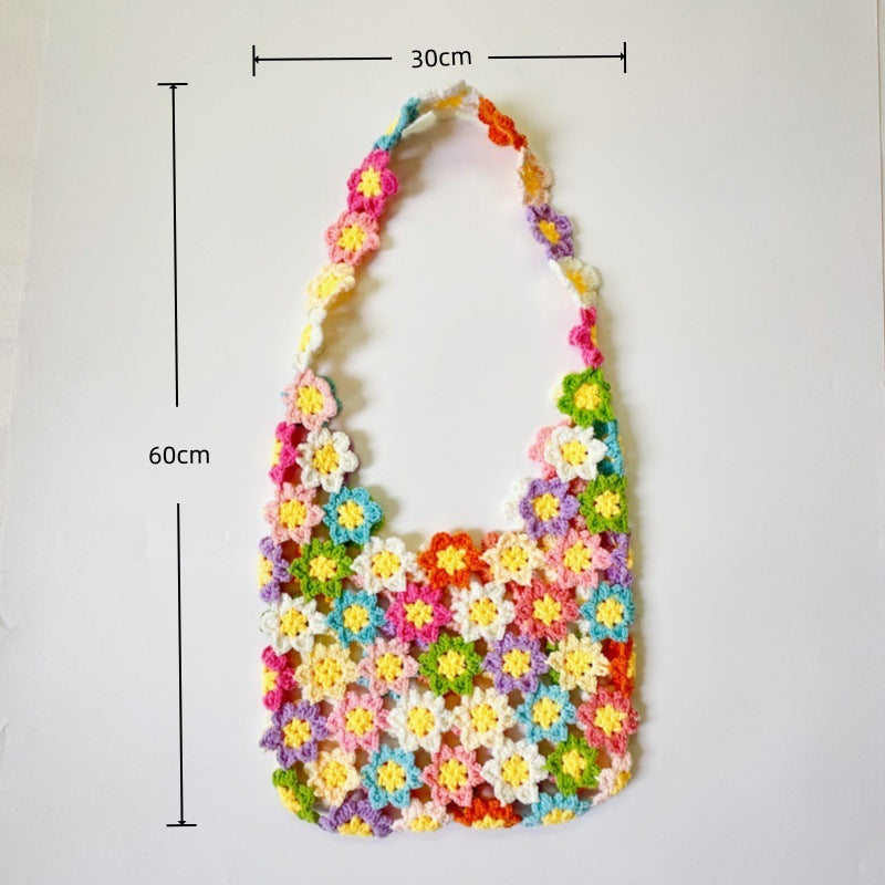Wool Knitted Rainbow Laminate Stitching Fresh Cutout Flowers Woven Women's Shoulder Bag