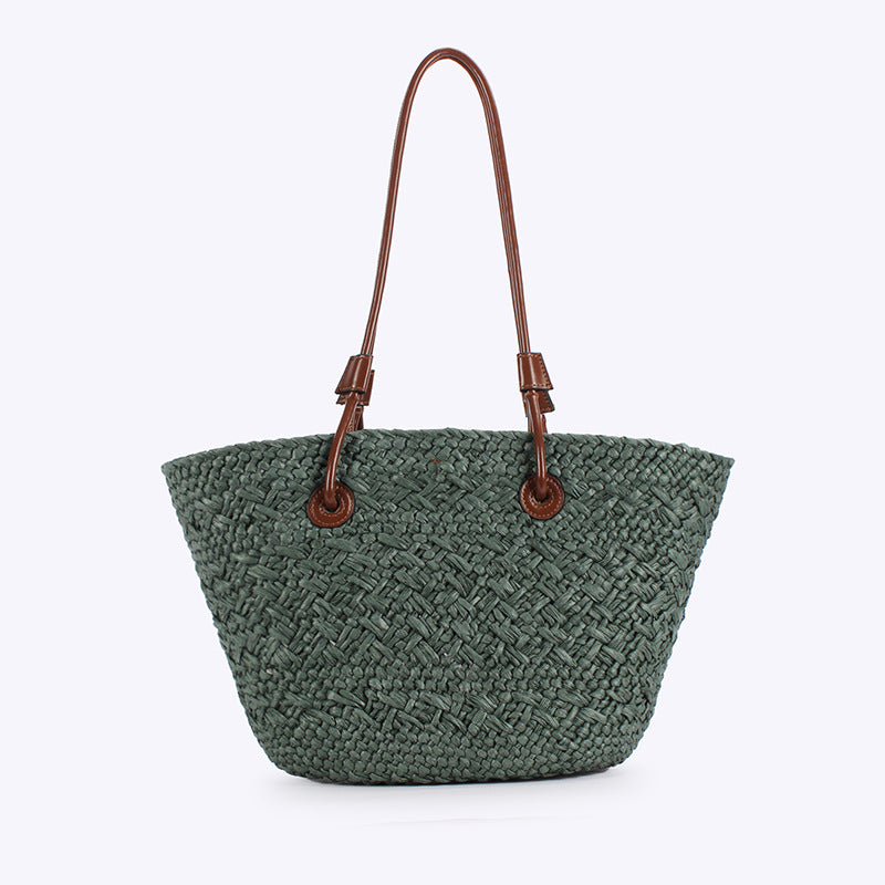 Style Fashion Solid Color Paper Woven Retro Contrast Mori Large Bags