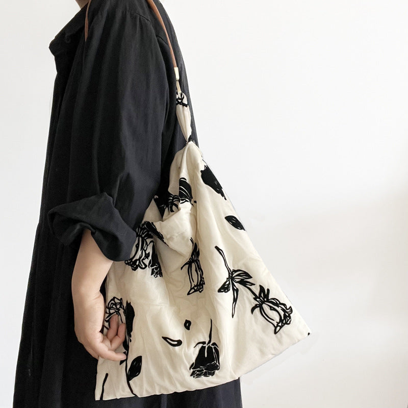 Retro Cotton Veet Rose Cowhide String Underarm Niche Women's Shoulder Bag