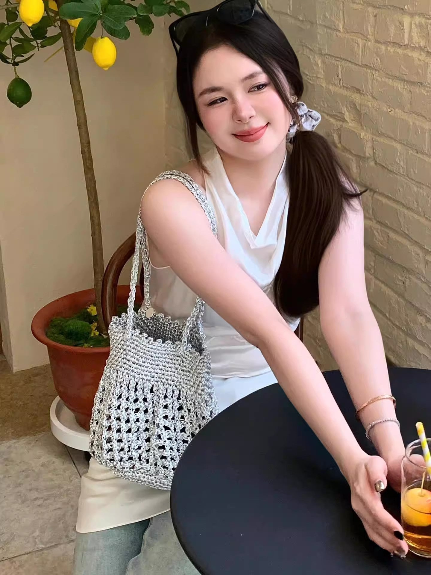 Woven High Sense French Hollow Korean Style Sparkle Sier Women's Shoulder Bag