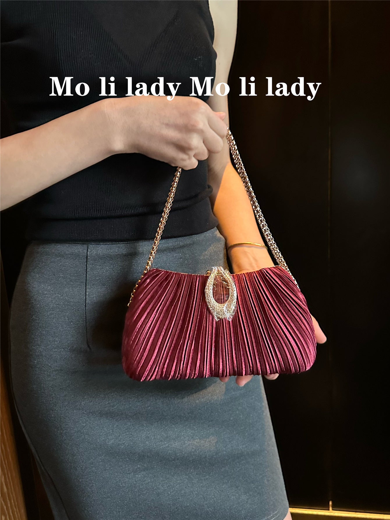 Women's Satin Wine Red Pleated Dinner Dress Women's Handbag