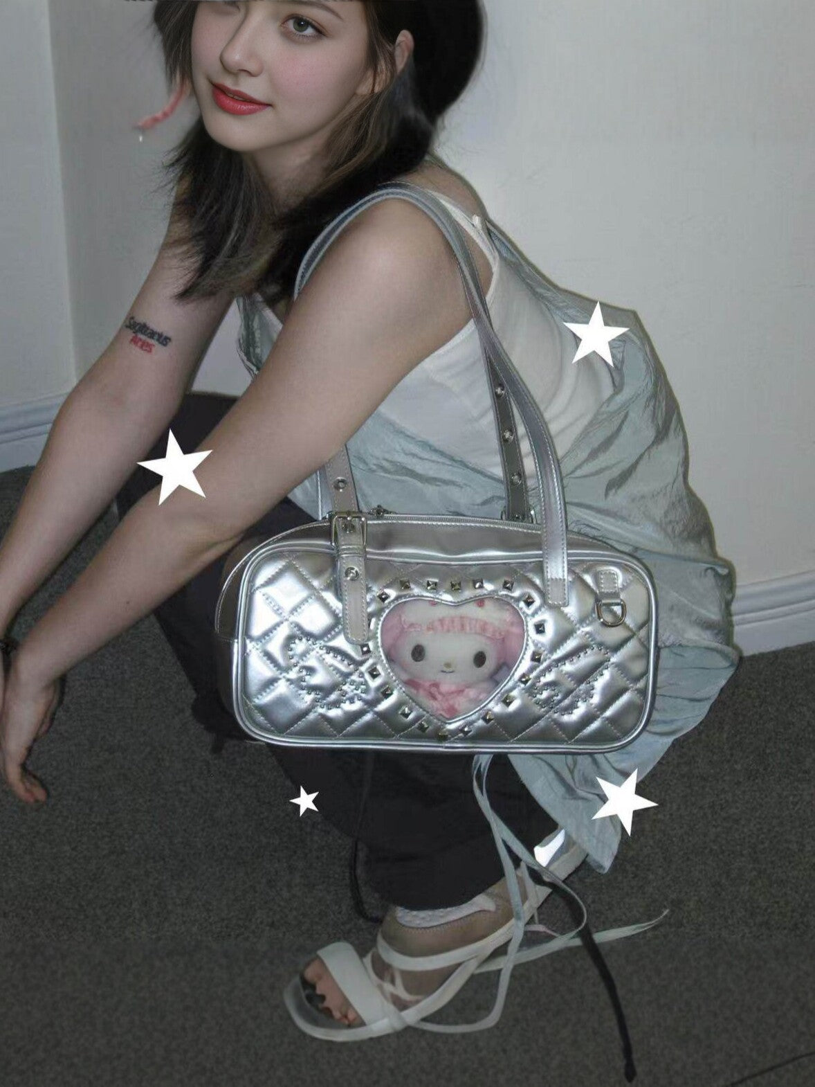 Women's Love Rhombus Cartoon Rivet Heart-shaped Window Plush Doll Women's Shoulder Bag