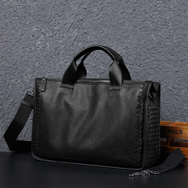 Graceful Men's Business Sheepskin Knitted Leather Men's Tote