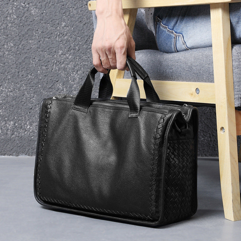 Graceful Men's Business Sheepskin Knitted Leather Men's Tote