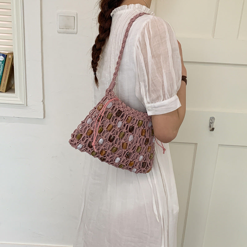 Handmade Wax Rope Woven Portable Beaded Women's Shoulder Bag