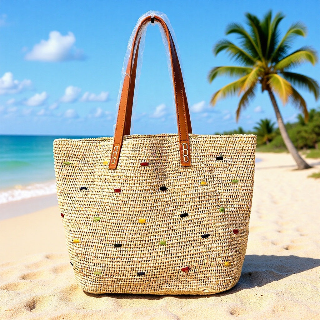Women's Style Hand Crocheting Raffia Stitching Leather Strap Woven Seaside Women's Shoulder Bag