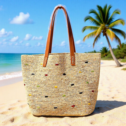 Women's Style Hand Crocheting Raffia Stitching Leather Strap Woven Seaside Women's Shoulder Bag