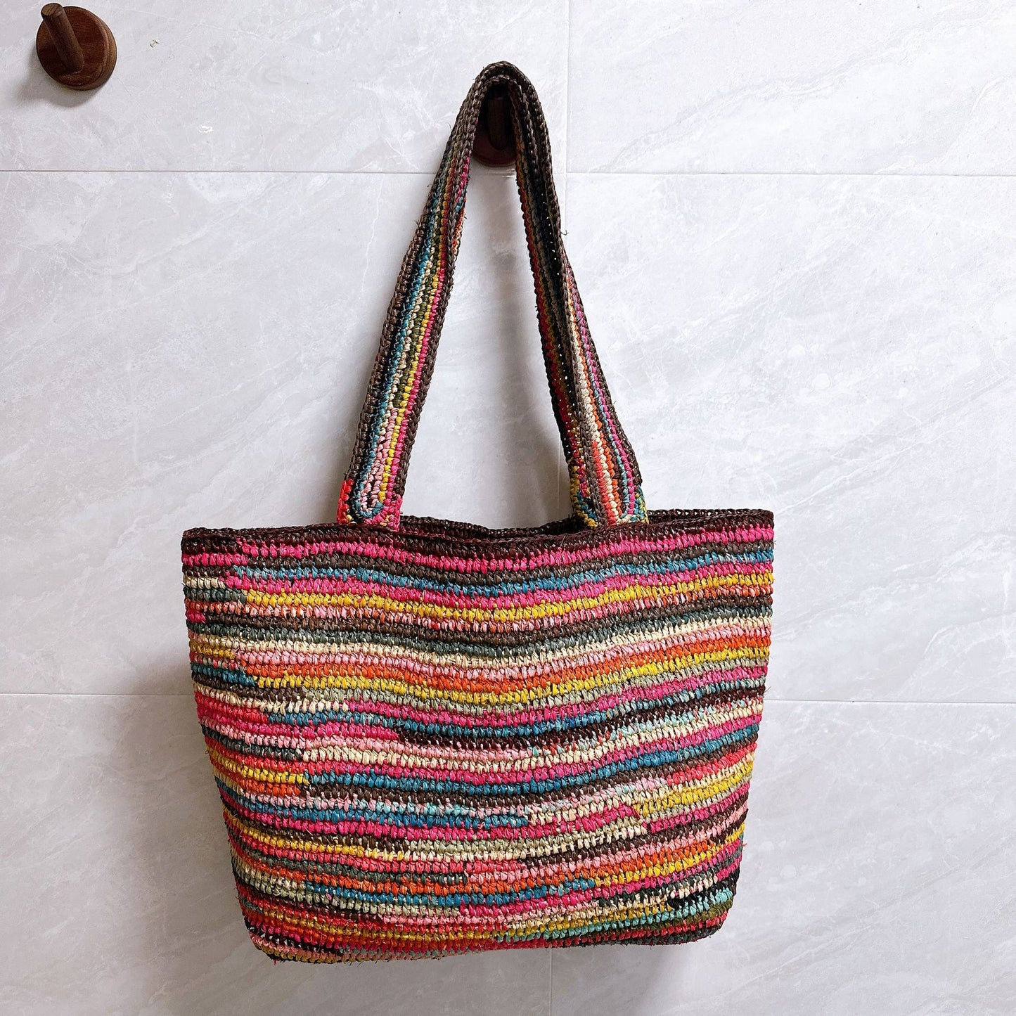 Women's Raffia Striped Color Matching Woven Commuter Hand Crocheting Bags
