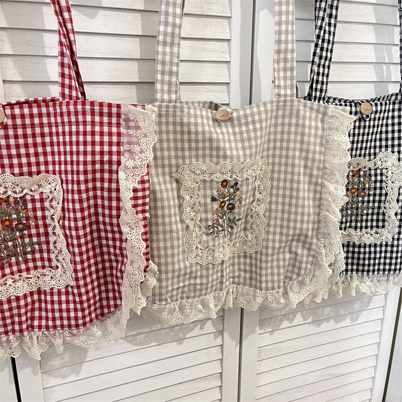 Flounce Vintage Embroidered Large Capacity Plaid Women's Shoulder Bag
