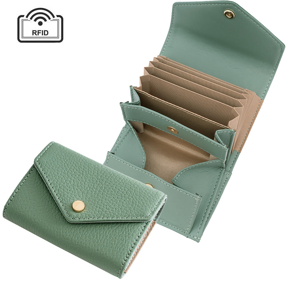 Women's Leather Swiping Multiple Slots Expanding Short Top Layer Cowhide Ladies Wallet
