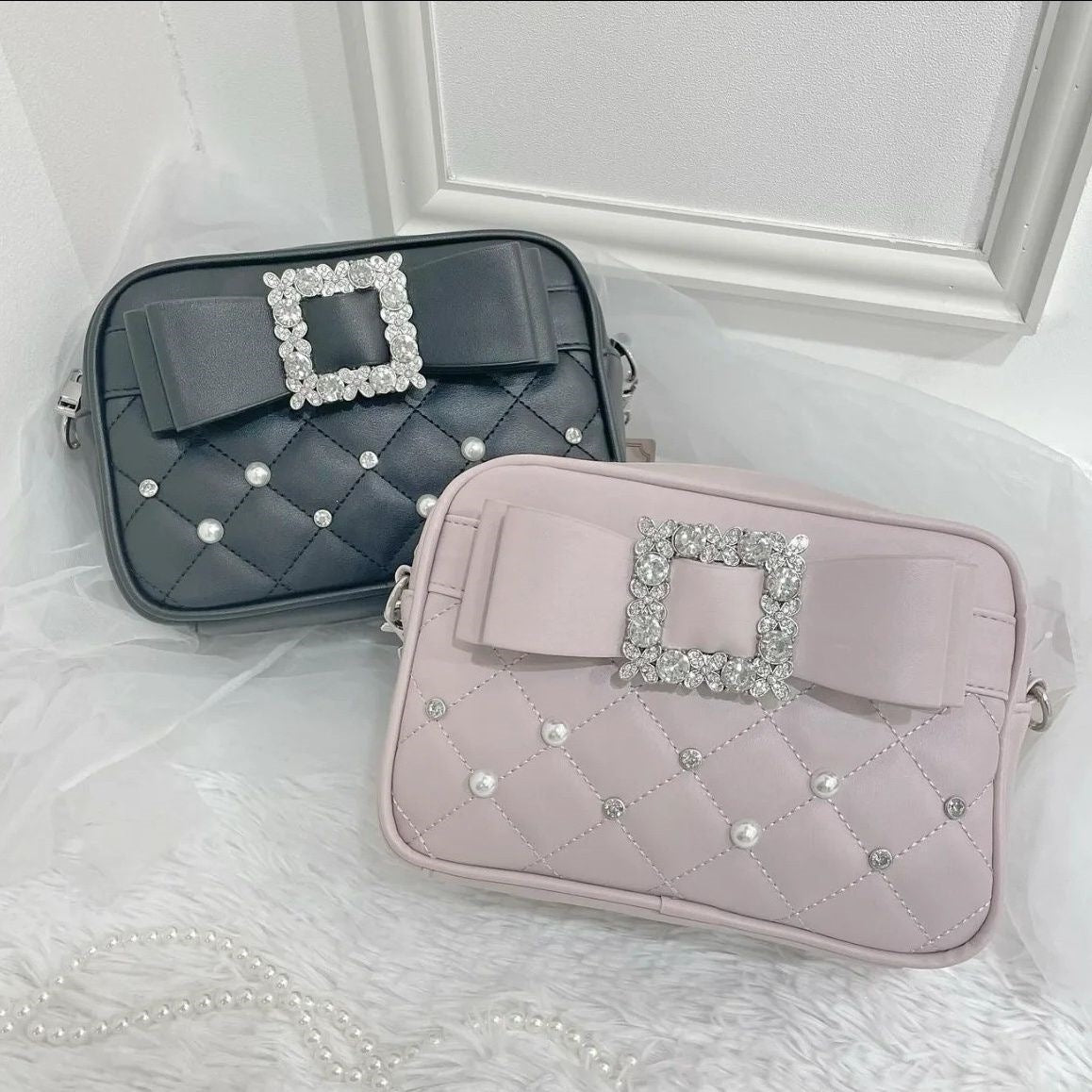 Bow Girly Fashion Pearl Rhinestone Rhombus Small Square Bags