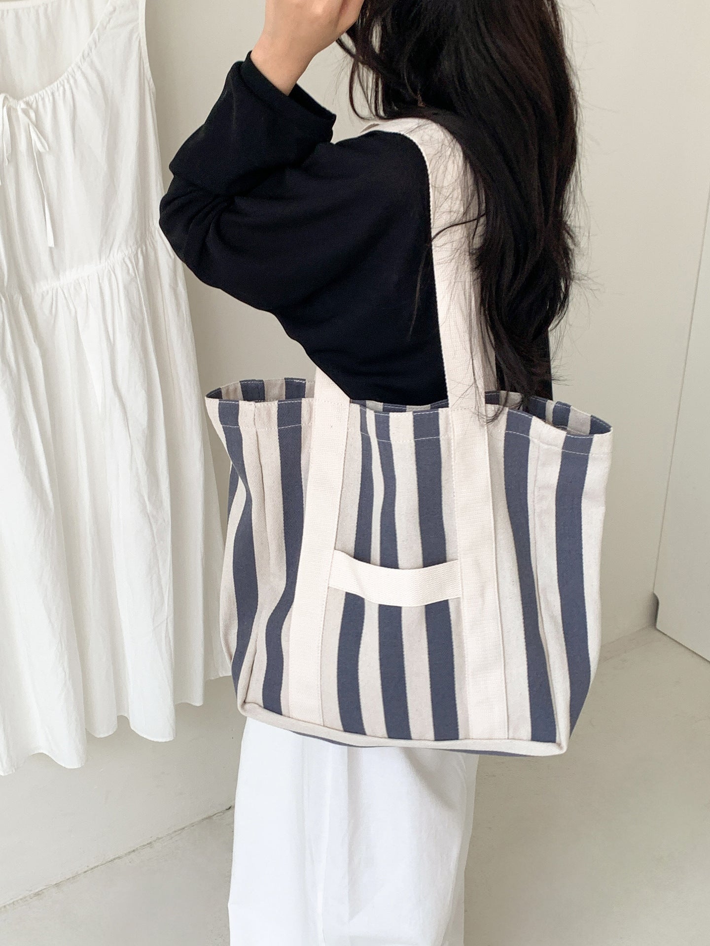 Korean Style Striped Canvas Idle Leisure Class Commuting Large Capacity Women's Shoulder Bag