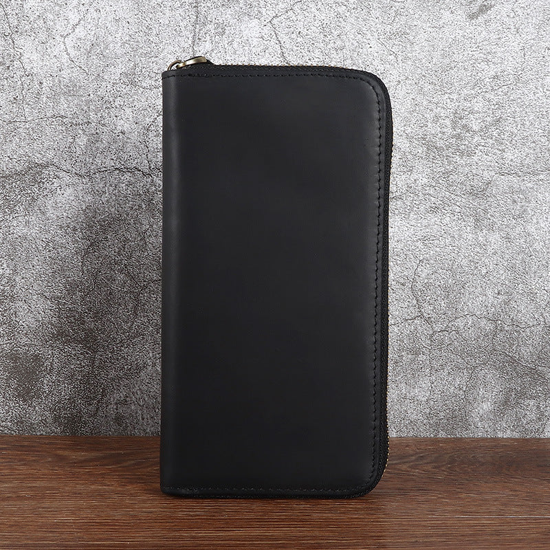 Men's Crazy Horse Leather First Layer Cowhide Zipper Long Retro Handmade Men's Clutch