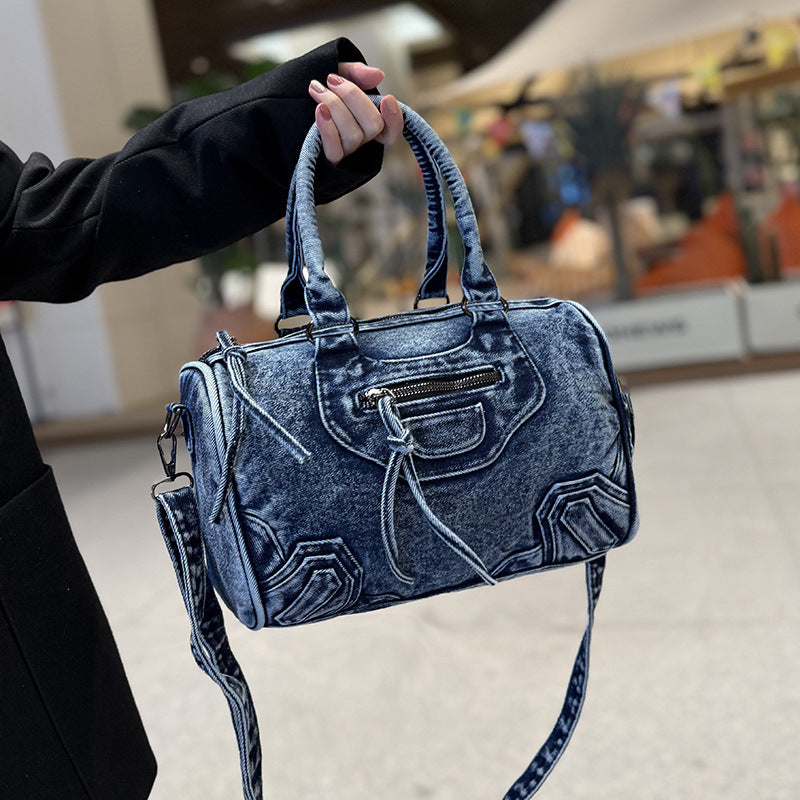 Retro Washed Denim Motorcycle Large Capacity Shoulder Bags