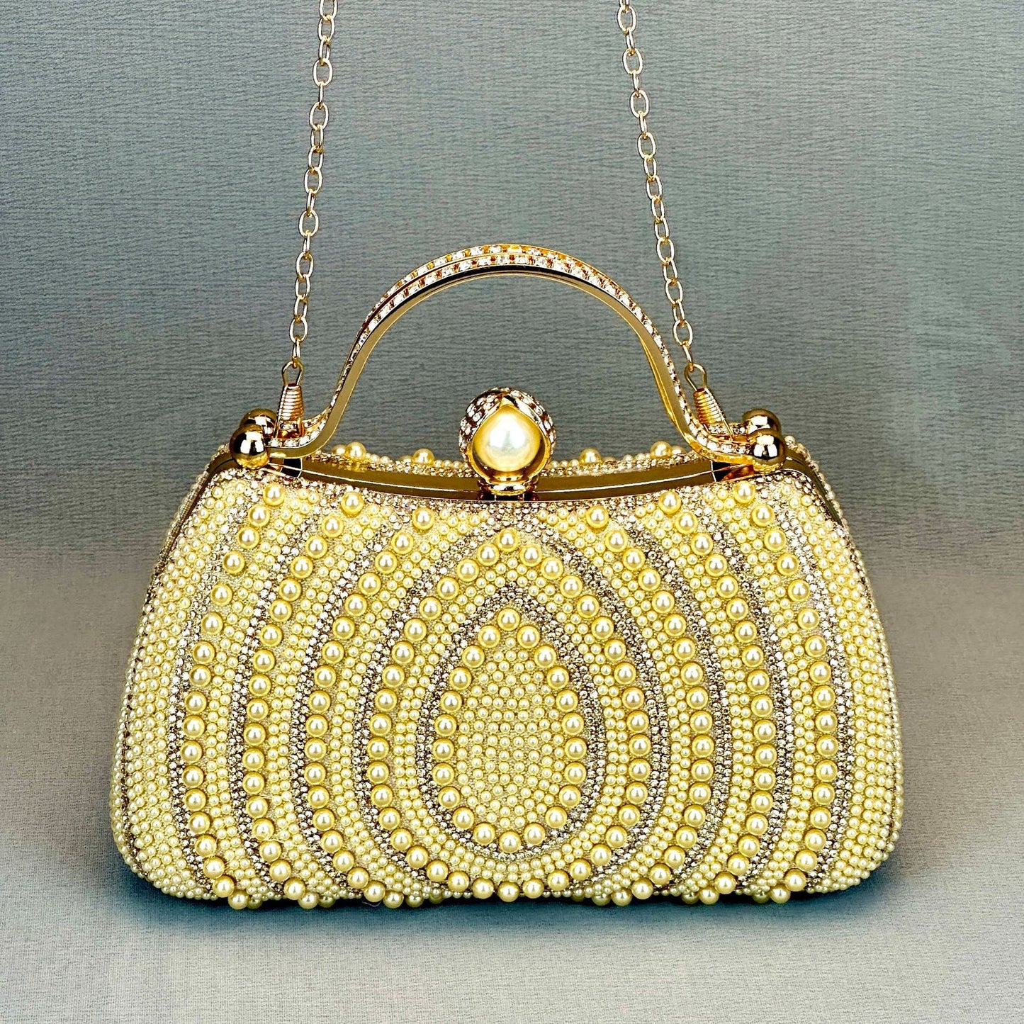 Women's Stylish Water Drop Pearl Hand Rhinestone One Party Dinner Bag