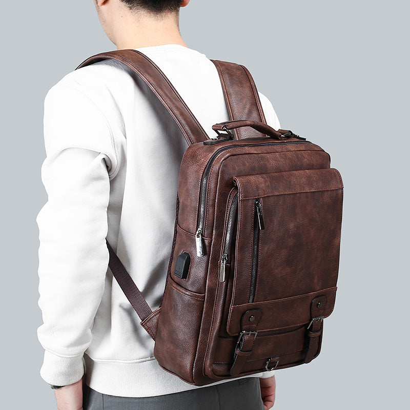 Men's Leather Large Capacity Charging Computer Universal Backpack