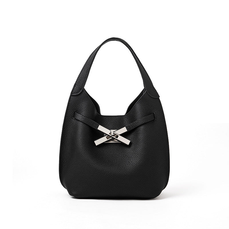 Women's Leather Pattern Cowhide Vegetable Basket Underarm Commuting Bags