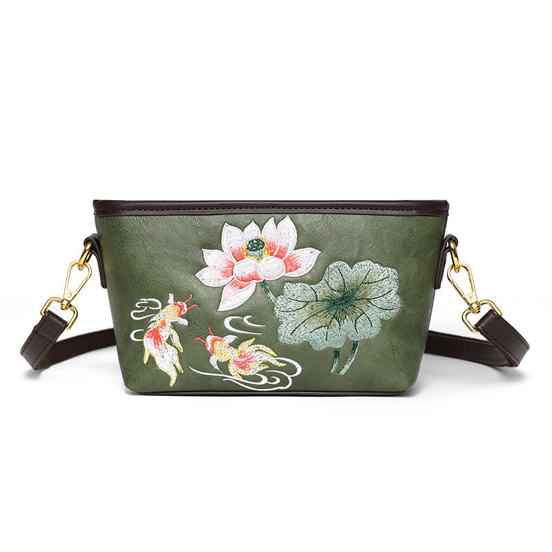 Women's National Style Light Luxury Lotus Embroidery China Women's Shoulder Bag