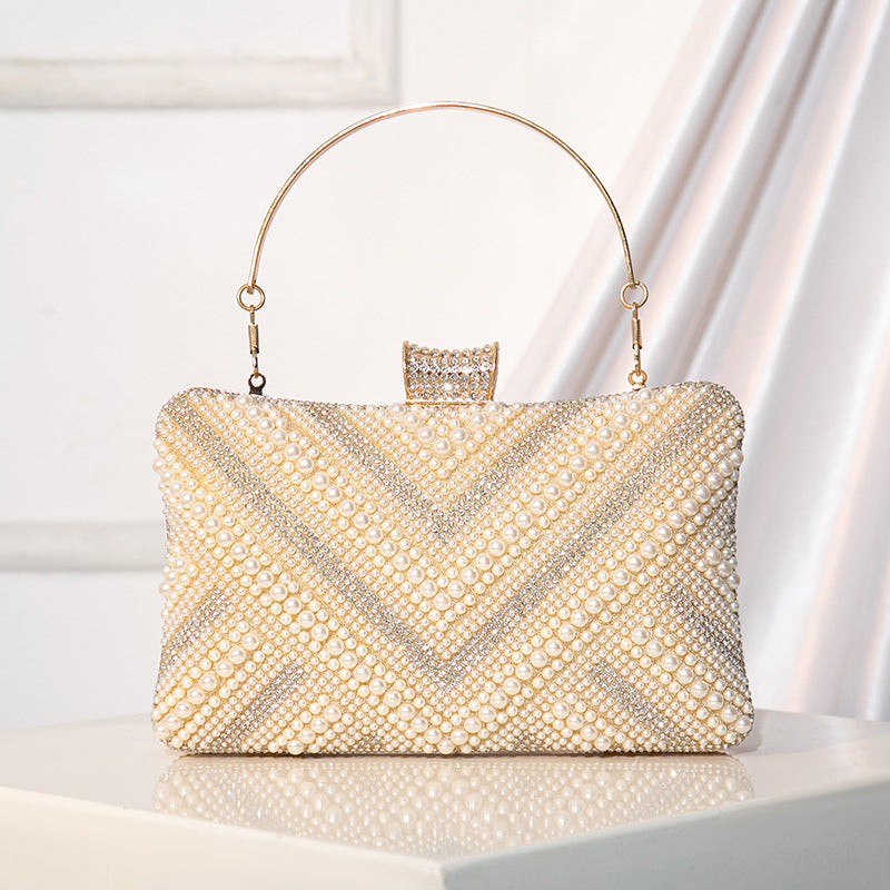 Handmade Beaded Pearl Wrist Bezel Setting Rhinestone Dinner Bag