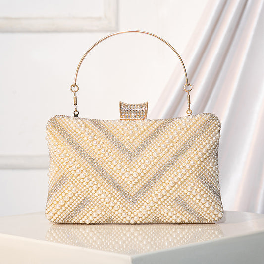 Handmade Beaded Pearl Wrist Bezel Setting Rhinestone Dinner Bag