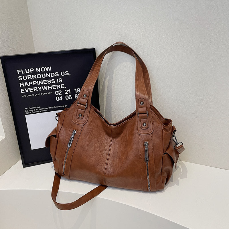 Women's High-grade Fashion Brown Solid Color Large Women's Shoulder Bag