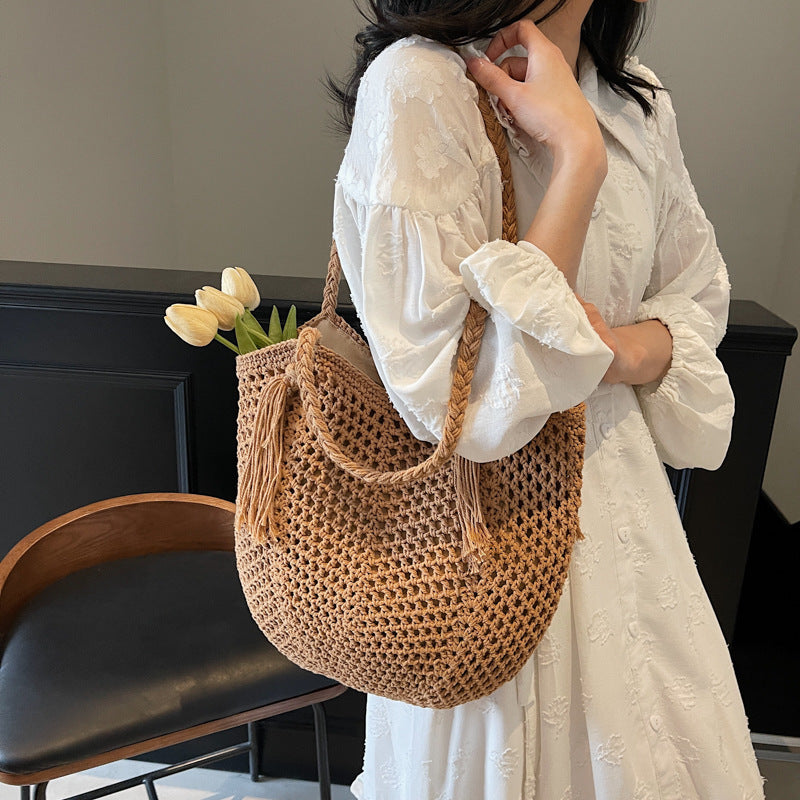 Women's Capacity Cotton Thread Weaving Hollow Beach Mori Style Idle Straw Tote Bag