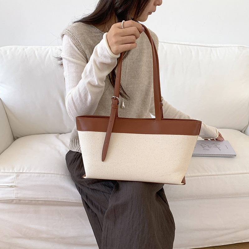 Women's Niche Canvas Stitching Contrast Color Commute Large Women's Shoulder Bag
