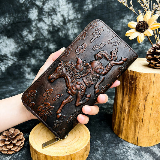 Women's & Men's Retro Carved Genuine Leather Horse Painting Long Zipper First Layer Men's Wallet