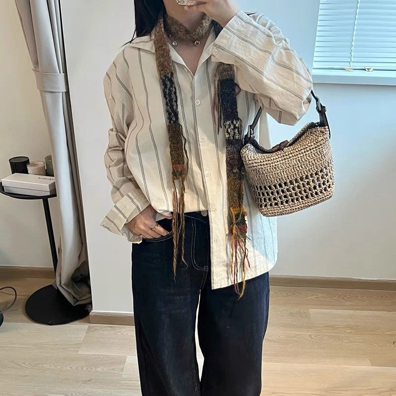 Women's First Layer Cowhide Stitching Lafite Straw Lunch Box Fashion Women's Handbag