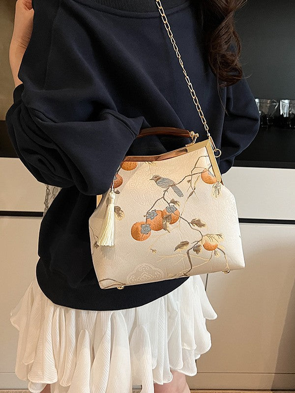 Chinese Style Silk Persimmon Bird Jacquard Bags