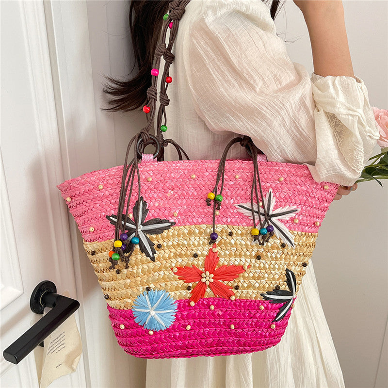 Women's Contrast Color Straw Beaded Weave Seaside Women's Shoulder Bag