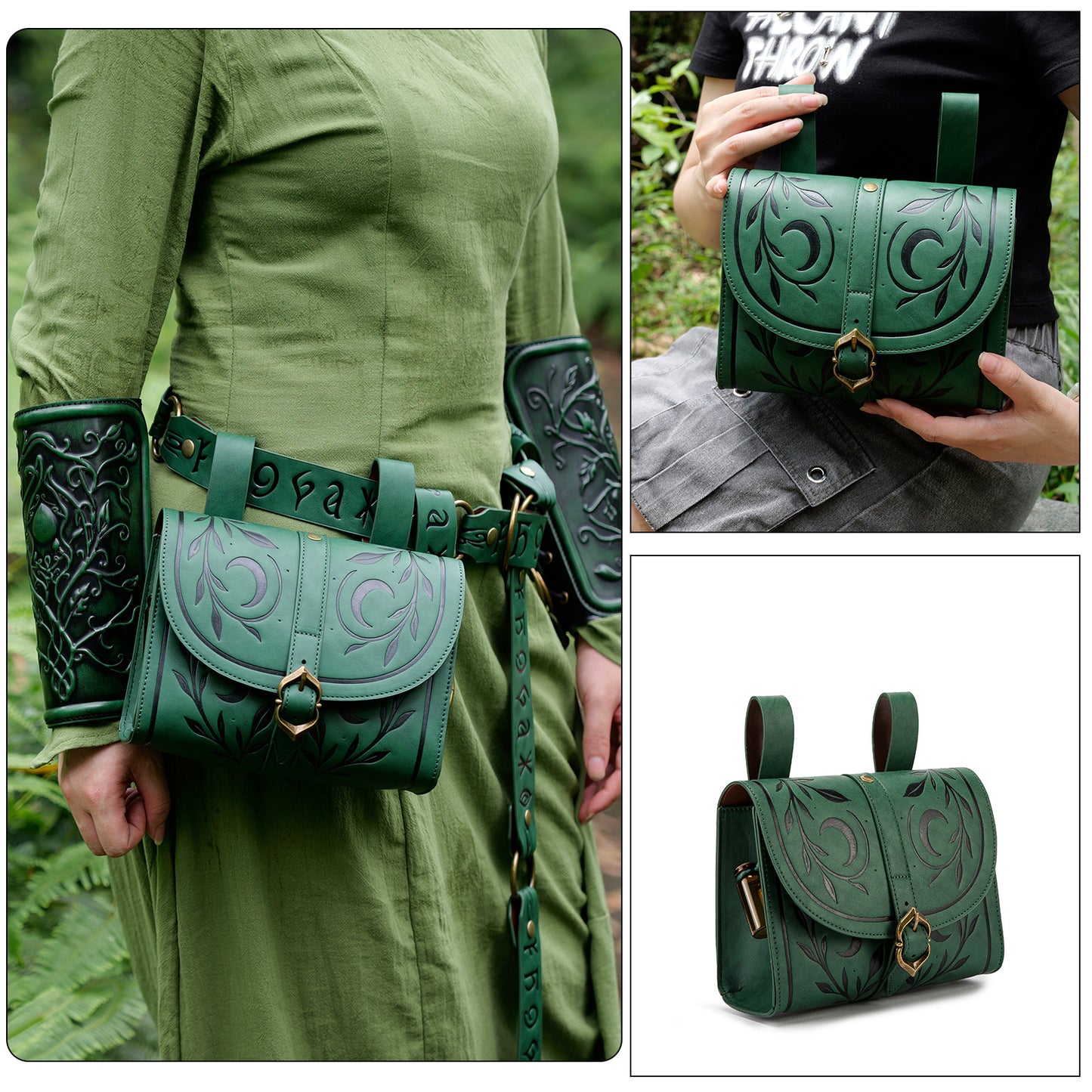 Fantasy Style Carved Leather Crescent Rattan Leaf Retro Decoration Equipment Women's Chest Bag, Fanny Pack