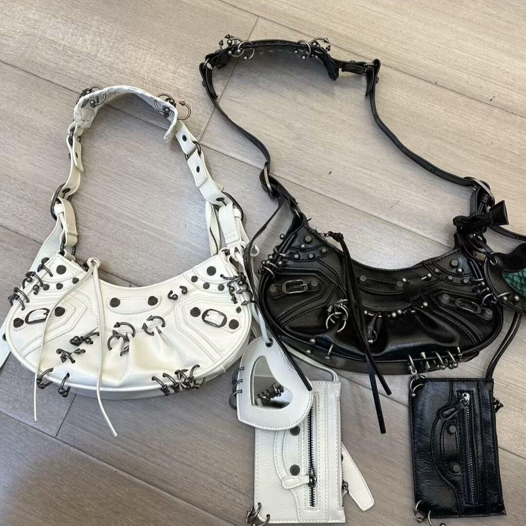 Women's Trendy Unique Black White Rivet Decorative Women's Messenger Bag