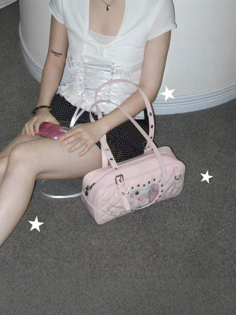 Women's Love Rhombus Cartoon Rivet Heart-shaped Window Plush Doll Women's Shoulder Bag