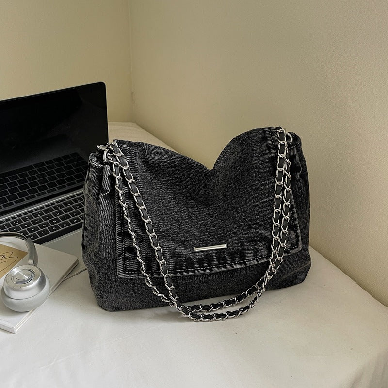 Korean Style Chain Large Capacity Denim College Shopping Tote Bags