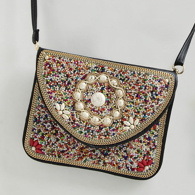 Women's Bohemian Style Bead Ethnic Shell Flower Trip Small Square Bag