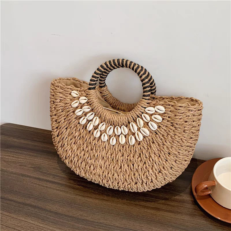 Women's Straw Portable Semicircle Shell Handmade Woven Seaside Vacation Beach Women's Shoulder Bag