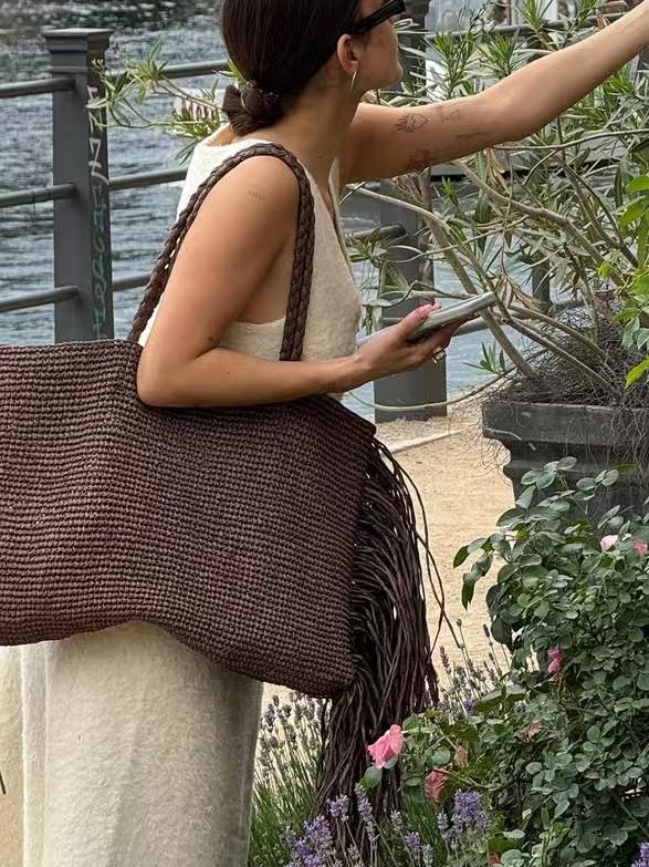 Women's Fashionable Brown Straw Tassel Design Women's Shoulder Bag