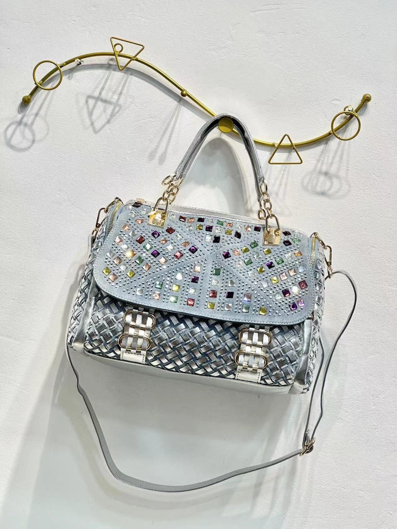 Women's Crystals Denim Woven Diamond Large Capacity More Canvas Bags