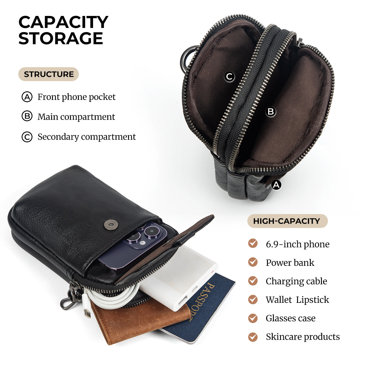 Men's Pocket First Layer Cowhide Hanging Vertical Men's Fanny Pack