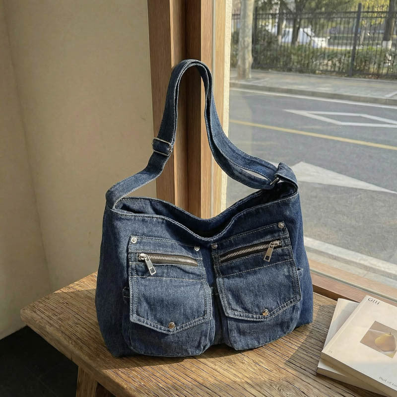 Minority Motorcycle Double Pocket Denim Female Large Tote Bag