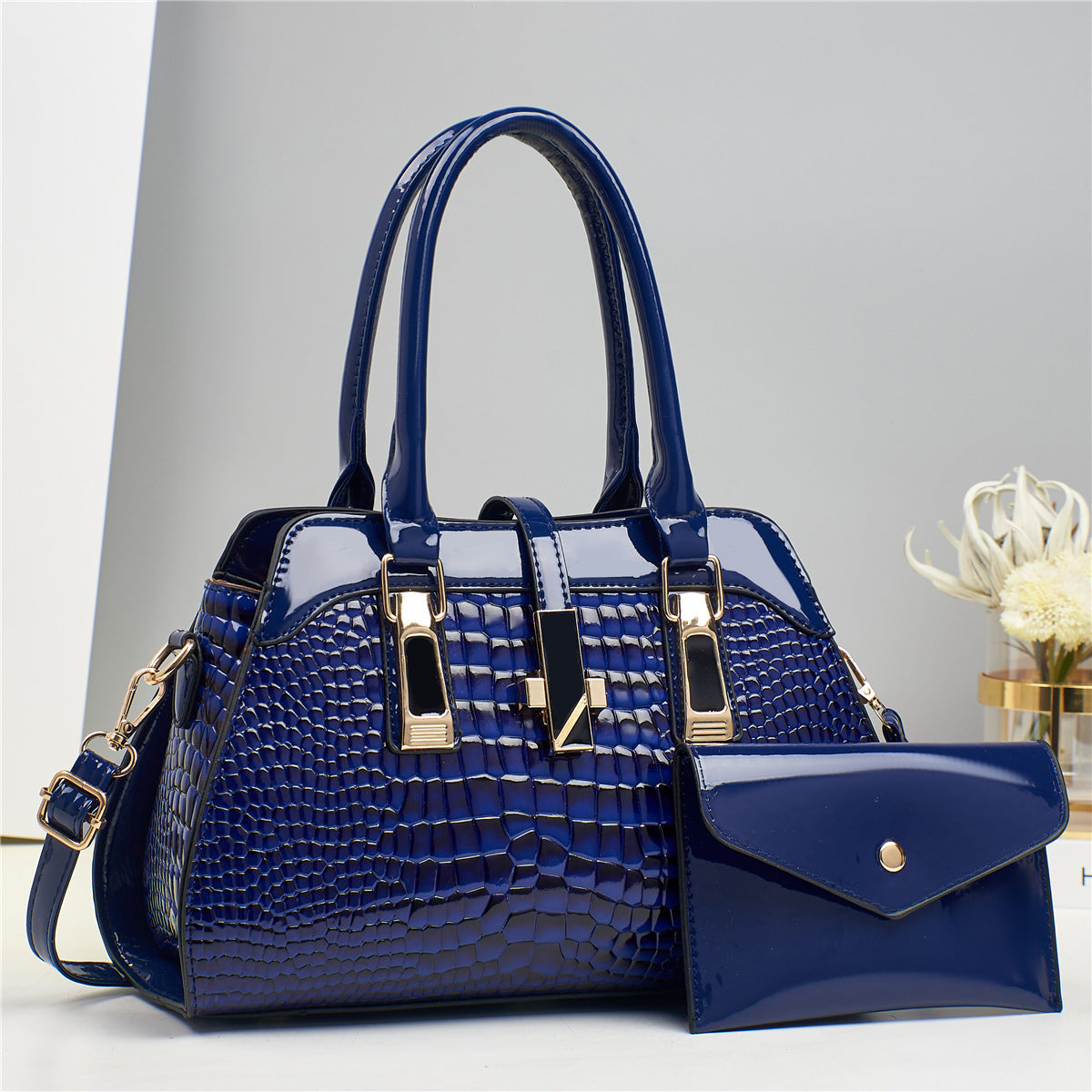 Women's Platinum Shining Leather Mother Crocodile Pattern Women's Handbag