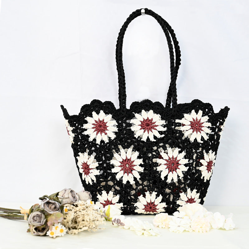 Women's Patchwork Hollow Leisure Vacation Bearded Needle Korean Tote Bags