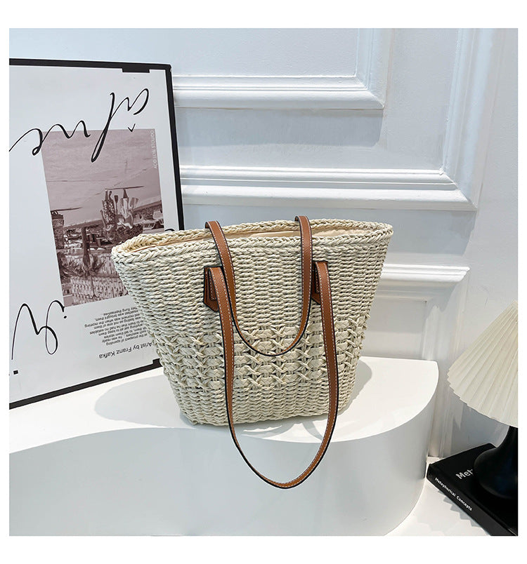 Women's Rainbow Striped Straw Woven Beach Vacation Large Women's Shoulder Bag